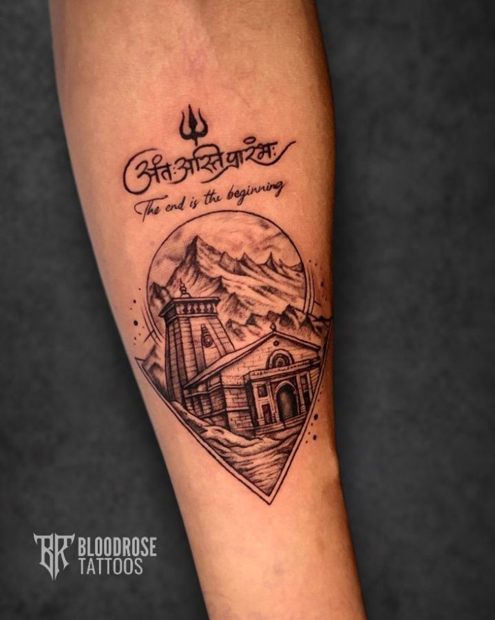 Kedarnath temple and mountains tattoo with Sanskrit script