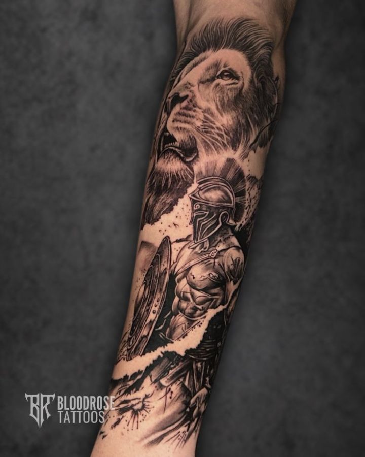 Lion and Spartan warrior tattoo