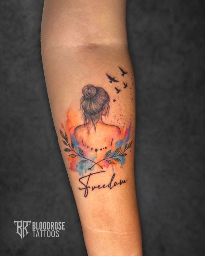Fine-line woman with birds and watercolour splash
